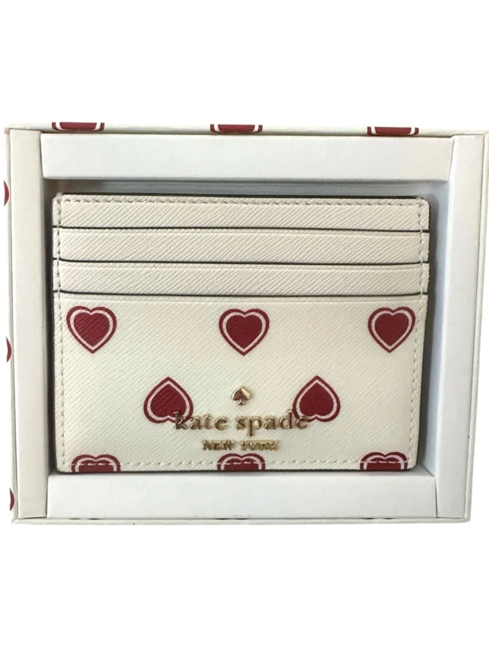 Kate Spade Madison Heartfelt Geo Cream & Red  Card Holder New in Gift Box
